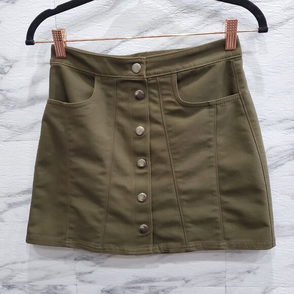 Express Mini Skirt Women Size 0 Brown Snap Front Pockets Stretch Comfort - Picture 1 of 9